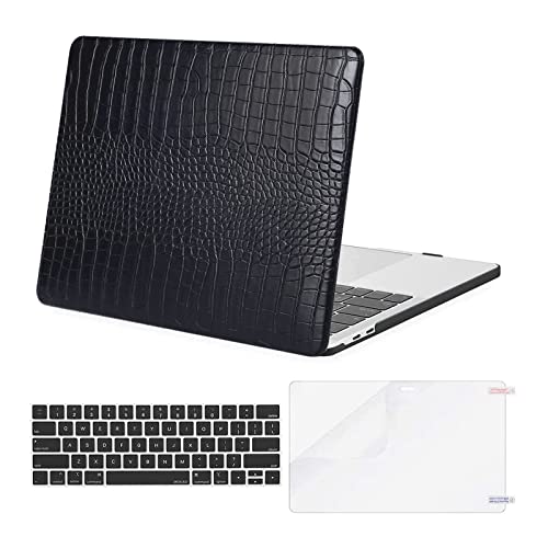 MOSISO Compatible with MacBook Pro 13 inch Case 2023, 2022-2016 Release M2 M1 A2338 A2289 A2251 A2159 A1989 A1706 A1708, Crocodile Grain PU Leather Hard Shell&Keyboard Cover&Screen Protector, Black