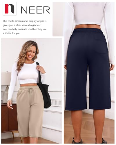 Neer 3 Pack Women's Capri Pants, Drawstring Wide Leg Crop Lounge Sweatpants Summer Yoga Casual Cropped Pants with Pocket(Black, Navy Blue, Cream,Small) — view 5