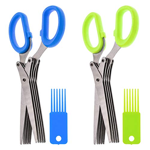 LZYMSZ 2PCS Kräuterschere aus Edelstahl mit 5 Klingen, Kräuter Schere Cutter Klinge Multi Scheren mit Reinigung Kamm zum Zerkleinern von Papier