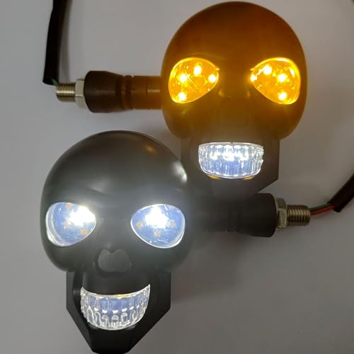 Image of 2PCS LED Motorcycle Turn Signal Light, Waterproof Skull Head Warning Light Decoration, 10 mm Screw Blinkers Indicator Replacement part (White for Constant On, Yellow for Turning