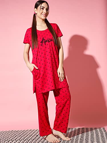 Image of Printed Round Neck Short Sleeve Nightsuit Set | Casual Night Dress for Women