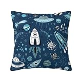 Funda Almohada Cohetes Espaciales Estrellas Azules Lavables Funda De Almohada Decorativo Fundas De Cojines para Almohada Cama Sofá 45X45Cm