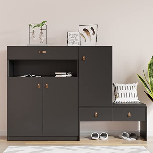 Entryway Shoe Storage Cabinet, Free Standing Shoe Organizer, Modern Shoes Storage Cabinet with Shoes Stool, Freestanding Shoe Rack for Entryway Home Corner Bathroom Kitchen Living Room Bedroom
