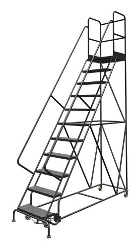 Image of Tri-Arc KDSR111246-D3 11-Step 30 inch Deep Top Steel Rolling Industrial & Warehouse Ladder with Handrails, 24 inch Wide Perforated Tread