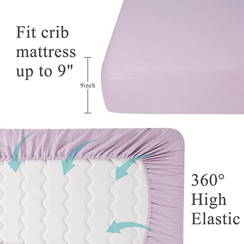 Cottonbebe Cotton Muslin Crib Sheet, Soft Breathable Toddler Bed Sheets Fitted, 52”X 28”X 9” Standard Size Baby Mattress Cover For Girls & Boys Nursery Decor, Purple #TOP2