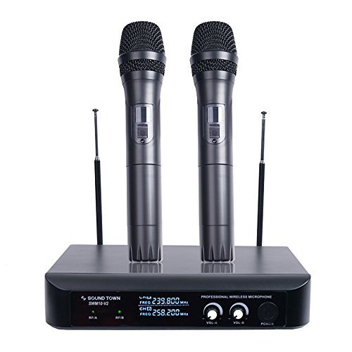 Sound Town Professional Dual-Channel VHF Handheld Wireless Microphone System with LED Display, 2 Handheld Mics for Family Party, Conference, Karaoke, Wedding, Church (SWM10-V2HH)
