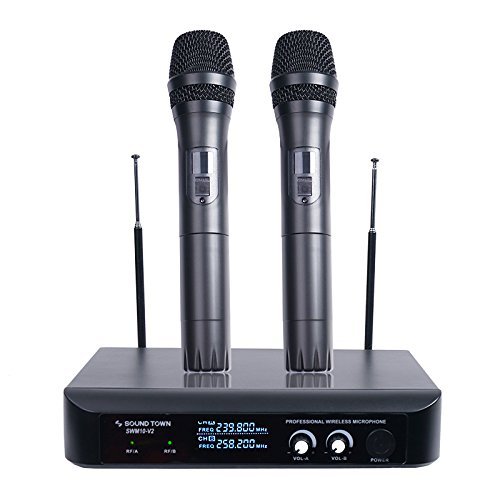 Sound Town - Micrófono inalámbrico profesional de doble canal VHF, 2 micrófonos de mano, para iglesia, reunión de negocios, boda al aire libre y karaoke (SWM10-V2HH)