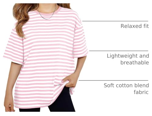 Image of Haloumoning Girls Striped Short Sleeve T Shirts Kids Summer Oversized Tops Casual Crewneck Tees 5-14 Years