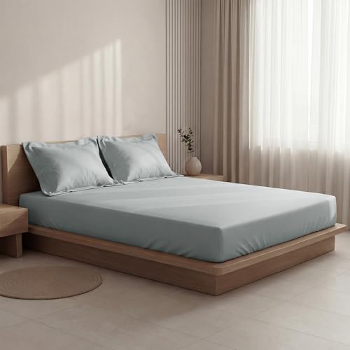 Image of SleepyCat 300TC Sateen Fitted Sheets with 1 Pillowcase | 100% Cotton Bedsheet | Buttery Soft Feel | 360 Elastic Grip | Side Pockets for Phone, Keys & Books | Denim, Single Size, 72x36 Inch