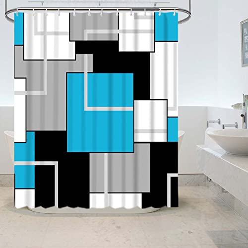 Kinuuis 4Pcs Sky Blue Bathroom Shower Curtain Set, Squares Minimalist Shower Curtain Set, Grey Black Bathroom Set With Shower Curtain And Rugs(Bath Mat,U Shape And Toilet Lid Cover Mat) #TOP2