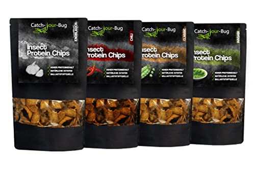 Essbare Insektenchips - 24% Protein - Insekten zum Essen von Catch-Your-Bug - Chili, Knoblauch, Classic, Wasabi, je 70 g Cover