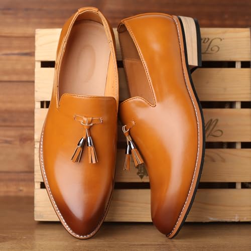 Men's Leather Slip On Tassel Loafers Classic Casual Non-Slip Low Heel Dress Shoes Formal Business Work Wedding Penny Loafers4
