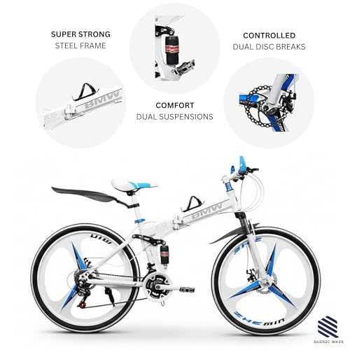 Image of QUESEC BWM Folding Gear Cycle for Adults 26 Inch 21 Speed Mountain Bike with Dual Suspension, Dual Disc Brake, Alloy Wheels, Foldable Bicycle for Boys Girls Daily Commute Fitness Ride - White