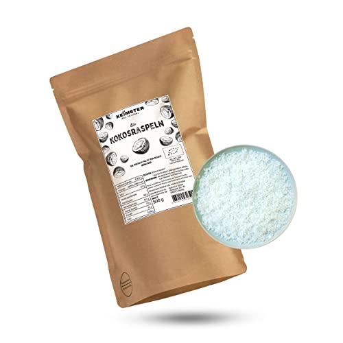Keimster Râpe à noix de coco bio - Qualité alimentaire crue - 100 % naturelle - Sans sucre ajouté - Non grillée - Goût exotique agréable - Polyvalente - Emballage sans plastique - 500 g Cover