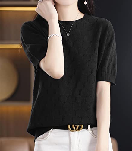 Image of Summer Hollow Out T-Shirt Women's Short Sleeve Sweater Cotton Knitted O-Neck Lightweight Pointelle Breathable Tops