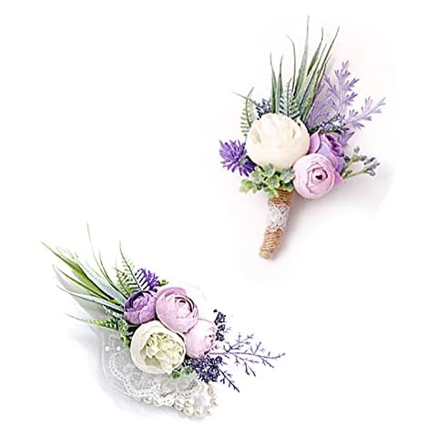 Ansofi Purple Corsage and Boutonniere Set Artificial Rose Flower Wrist Corsage and Boutineers for Groom Groomsmen Bride Bridesmaids Prom Rustic Vintage Wedding Decor Cover