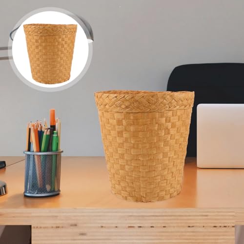 Image of Wicker Trash Can - Woven Wicker Waste Basket Round Rattan Waste Paper Bin Office Garbage Can Rubbish Basket Laundry Hamper for Kitchen Home Office