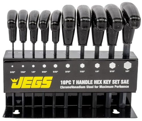 JEGS 10-Piece T-Handle Hex Key Set | SAE | 3 3/4in. Shaft Length | Plastic Grips With Steel Shafts | Corrosion Resistant