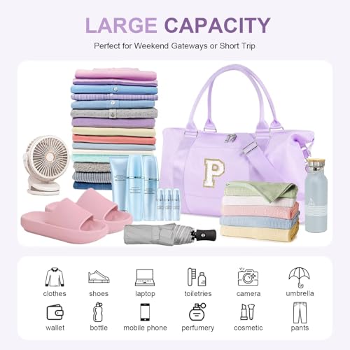 Dance Gym Duffel Bag for Teen Girls,Personalized Initial Travel Weekender Bag,Overnight Carry On Duffle for Women,Sports Travel Cheer Bag,Monogram Graduation Birthday Gifts for Tween Preppy(purple-P) by XSUIOY - Used condition - Image 8