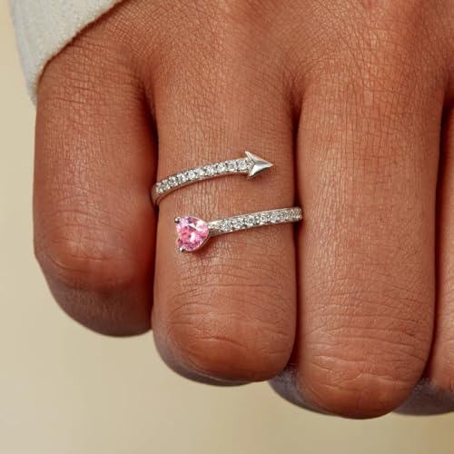 Pink Heart Promise Ring for Women Mother 925 Sterling Silver One Arrow Pierces Heart Ring White Birthstone Open Rings to Daughter Trendy Elegant Statement Stackable Band Wedding Jewelry Gift2