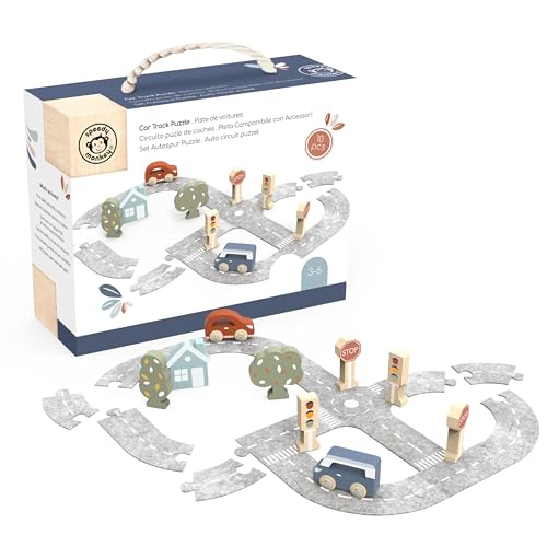 Speedy Monkey 691026 Autospur-Puzzle-Set aus Filz und Holz, 24-teilig inkl. Zwei Holzautos und Straßenschilder, für Kinder ab 3 Jahre