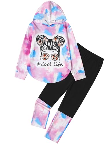 Image of Girls 2 Pcs Fall Winter Tie Dye & Leggings Outfits For Teens 5-14 | 2026 Girls Fashion Trendy, Long Sleeve Hoodie, Cool Life Print, Patchwork Pants, Back to School Holiday Tracksuit