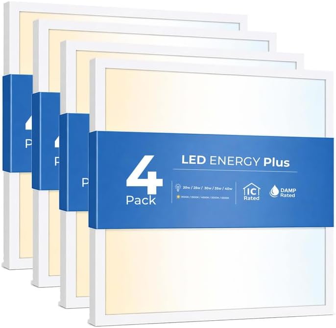 4 Pack 2x2 LED Flat Panel Light for Drop Ceiling, 5200lm Selectable 20W/25W/30W/35W/40W, Color Temperature 3000K/3500K/4000K/5000K/6500K, 0-10V Dimmable, 120-277V, ETL