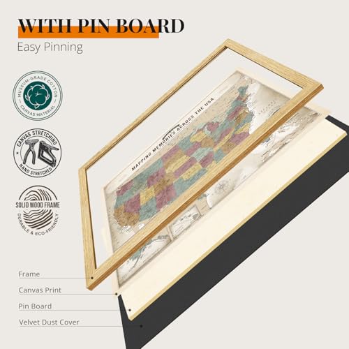 Image of DECORARTS - Personalized Push Pin Travel Map USA, Custom Name, Pin Board Canvas Wall Art, Soft Vintage Pastel United States Decor, Optional Wood Frame, Giclee Print, Handcrafted in USA, 30x24''