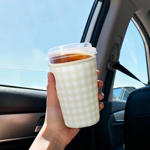 Image of Reusable Insulated Sleeve for Iced Coffee Cup, 3-Pack Coffee Neoprene Drink Sleeve for Cold & Hot Drinks, Beverage Holder for Iced Coffee (Beige Gingham)
