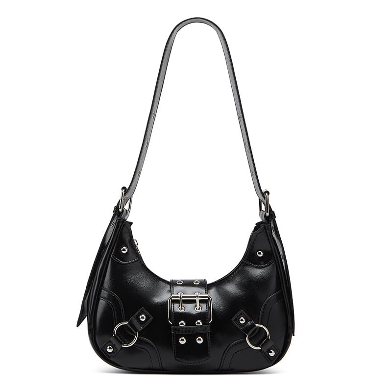 GOGOCAT Bolsa de Ombro Vintage Punk para Mulheres, bolsa preta Y2K,em Couro PU com Alça Ajustável e Fecho de Zíper,bolsas de mão e ombro femininas，Estilo urbano e perfeito para festas