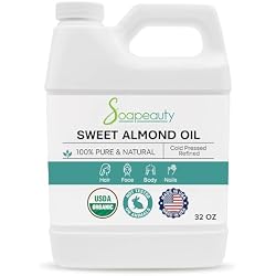 Sweet Almond Oil Cold Pressed Organic 100% Pure Natural 32 fl oz | Refined / USDA Organic. Carrier Oil for Essential Oils. Massage, Skin, Face & Hair Use. Soap Making & DIY