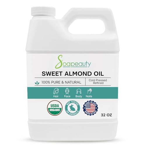 Soapeauty Sweet Almond Oil Cold Pressed Refined USDA Organic | 100% Pure & Natural Available in Bulk | Carrier for Essential Oils, Massage, Skin, Face, and Hair, Soap Making, DIY | 32 fl oz