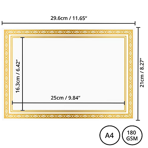 Belle Vous Urkundenpapier A4 Druckerpapier A4 Weiß (50er Pack) - Zertifikat Papier Drucker mit Gold Folie Rand - Drucker Papier für Mitarbeiter, Abschlusszeugnisse, Schulen, Diplome und Mehr
