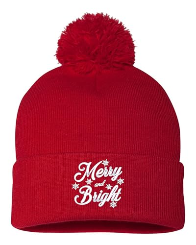 One Size Red Pom Merry & Bright Christmas Embroidered Knit Beanie Pom Cap