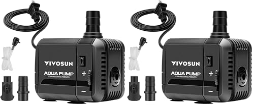 Image of VIVOSUN 210GPH Submersible Pump(800L /H, 8W), Ultra Quiet Water Pump with 3.3ft High Lift, with 5ft Power Cord, 2 Nozzles for Fish Tank, Pond, Aquarium, Statuary, Hydroponics Black (Pack of 2)