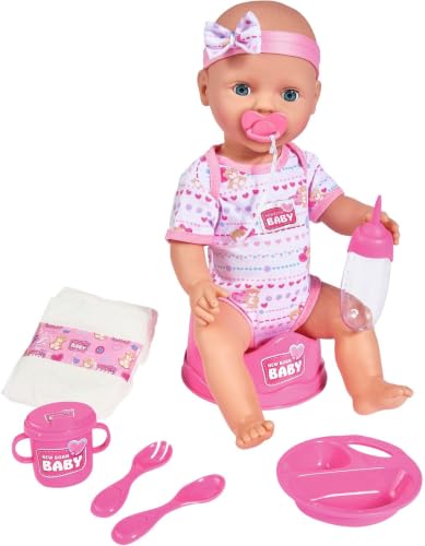 Simba 105039005 - New Born Baby Puppe, für Kinder ab 3 Jahren, Spielpuppe mit Funktionen, kann Trinken und PIPI Machen, 8 Teile, mit Babypuppe & Zubehör