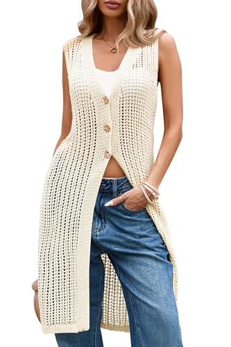 Cakulo Womens Sleeveless Crochet Cardigans Beach Cover Up 2025 Summer Long Knit Sweater Vest Tops