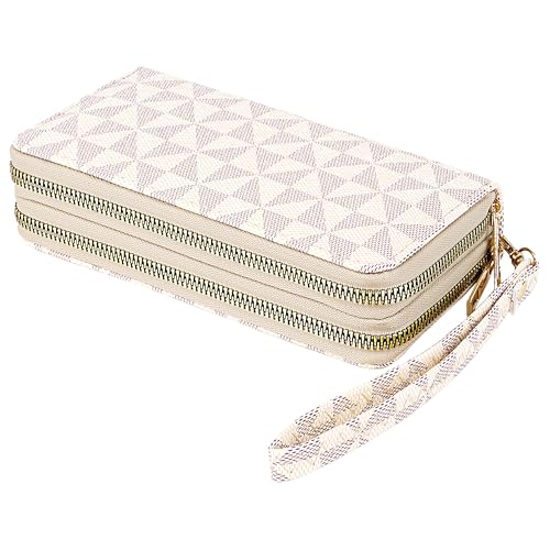 Triangle Pattern Wallet, Double Zipper Pockets, PU Leather Cellphone Purse Credit Card Cash Holder, Beige and Gray Grid