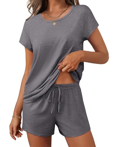 Image of Ekouaer Women 2 Piece Pajamas Set Short Sleeve Comfy Lounge Set Round Neck Tops and Shorts Pjs with Pockets