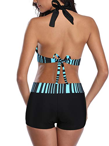 American Trends Women'S Two Piece Swimsuits Athletic Boyshort Bottoms Bathing Suits Halter Binkni Swimwear For Women Blue Black Stripe L thumb #1