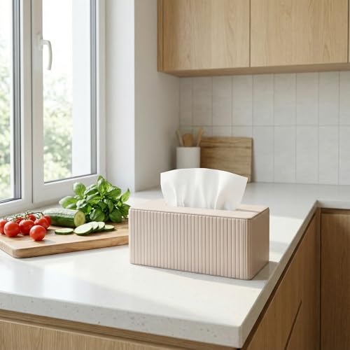 Kosmetische Taschentuchboxen, Leder-Taschentuchbox,Taschentuchbox für Büro,Zuhause, Wohnzimmer und Badezimmer, rechteckig Taschentuchspender aus PU-Leder, （Khaki, Striped，25x14x9cm）