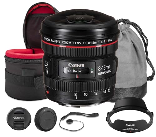 Canon EF 8-15mm f/4L Fisheye USM Lens Bundle | L-Series Ultra-Wide Zoom with Circular & Full-Frame Fisheye Effects & Fast Ring-Type USM AF | For Action & Landscape Photos (4427B002) + Lens Case + More