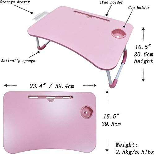 Laptop Lap Desk, Foldable Laptop Table, Laptop Stand for Bed, Dinner Coffee Breakfast Tray Table with Cup Holder Drawer Storage Folding Legs, Standing Desk for Laptop Writing Bed Sofa Couch (Pink) - Thumbnail 4