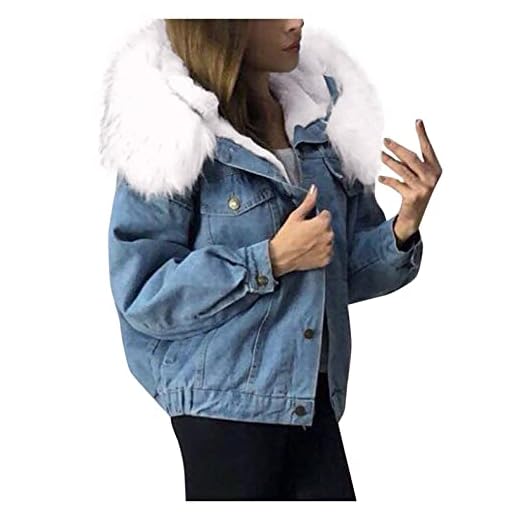 HHWY Dam vinter jeansjacka fodrad denimjacka jacka med päls päls varm vinterjacka med huva ytterkläder plyschjacka teddy fleecejacka flickor ullrock oversize parkas utomhusjacka, Vit, S
