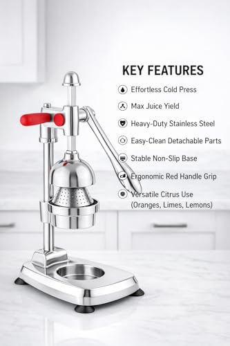 Image of Manual Citrus Juicer Heavy Duty Aluminum Hand Press - Professional Fruit Juicer for Orange, Lemon, Lime & Pomegranate - Easy Press, Durable, Kitchen Countertop Juice Extractor (Silver)