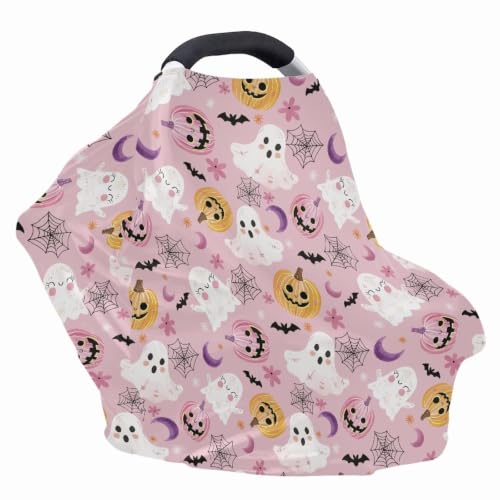 Image of Wanyint Baby Car Seat Covers Nursing Cover Carseat Canopy Baby Breastfeeding Cover Multi-Use Nursing Scarf Infant Stroller Cover Halloween Decor, Cute Ghost Pumpkin Flower Pink