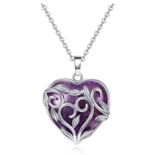 JSDDE Amethyst Crystal Necklace Silver Wrapped Heart Crystals Gemstone Pendant Necklaces Healing Stones Necklace for Women