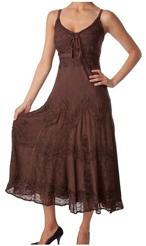 Sakkas Stonewashed Rayon Embroidered Adjustable Spaghetti Straps Long Dress - Chocolate - L/XL