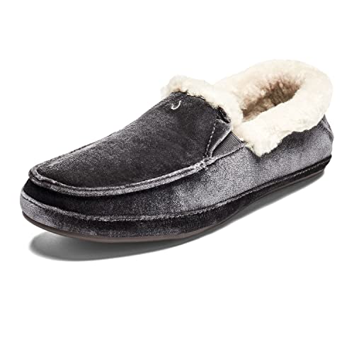 Olukai Ku'una Lanui Women's Slipper, Soft Velvet & Dual-Density Pu Footbed For All-Day Comfort, Breathable & Supportive Drop-In-Heel, Cute & Casual Slip-On Design, Charcoal/Charcoal, 11 #TOP22
