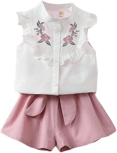 Bold N Elegant Floral Embroidered Cotton Sleeveless Ruffle Top and Shorts Clothing Set for Infant Toddler Baby Girl